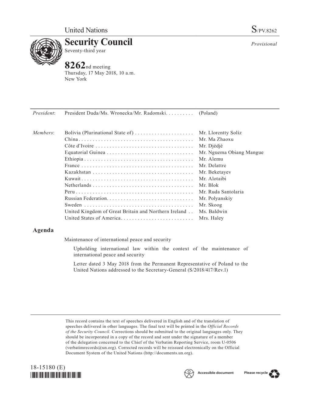 Security Council Provisional Seventy-Third Year