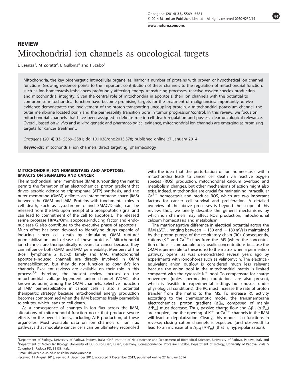 Mitochondrial Ion Channels As Oncological Targets