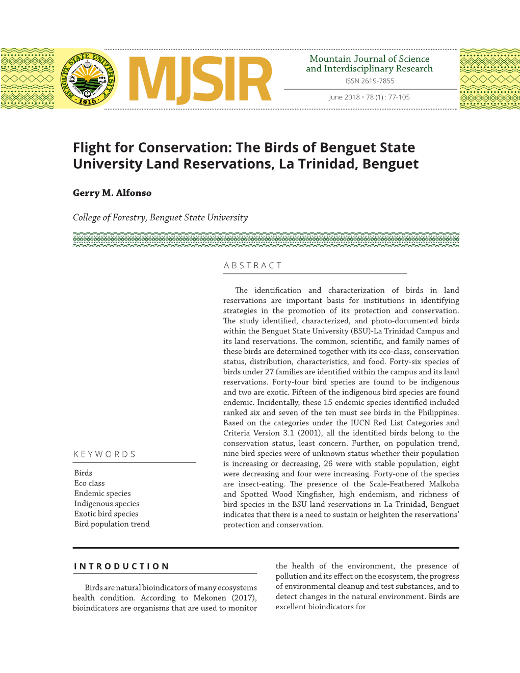 The Birds of Benguet State University Land Reservations, La Trinidad, Benguet