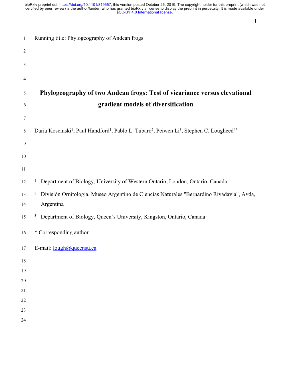 Phylogeography of Two Andean Frogs: Test of Vicariance Versus Elevational