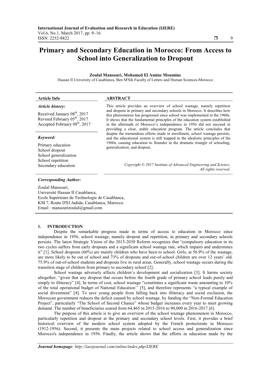 Primary and Secondary Education in Morocco: from Access to School Into Generalization to Dropout