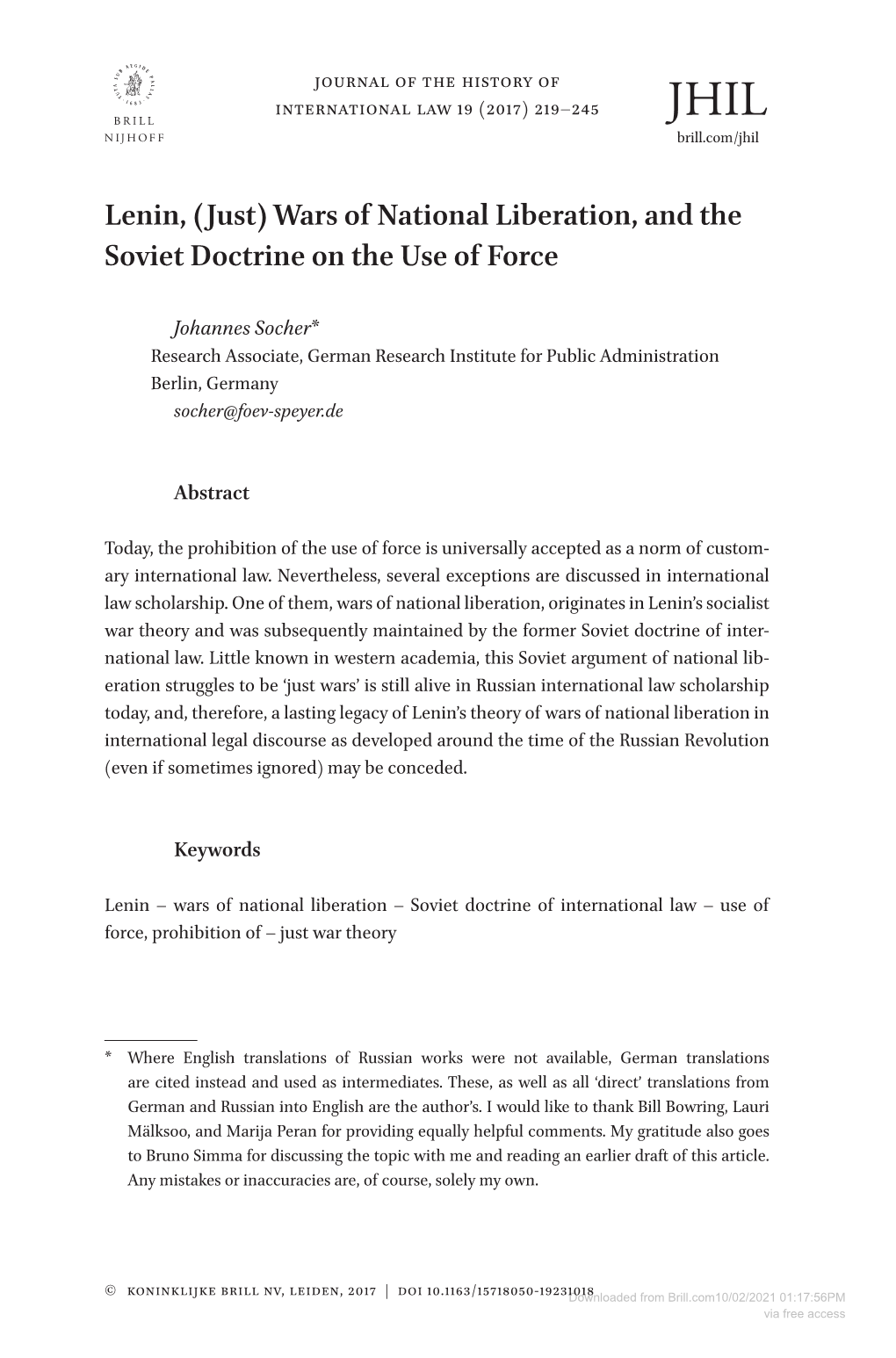 Lenin, (Just) Wars of National Liberation, and the Soviet Doctrine on the Use of Force