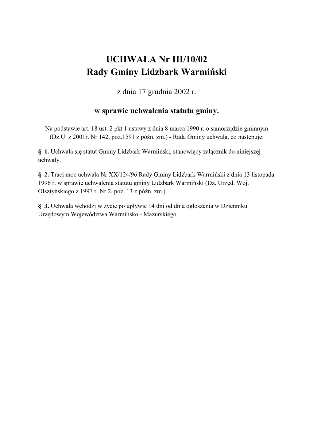 UCHWAŁA Nr III/10/02 Rady Gminy Lidzbark Warmiński