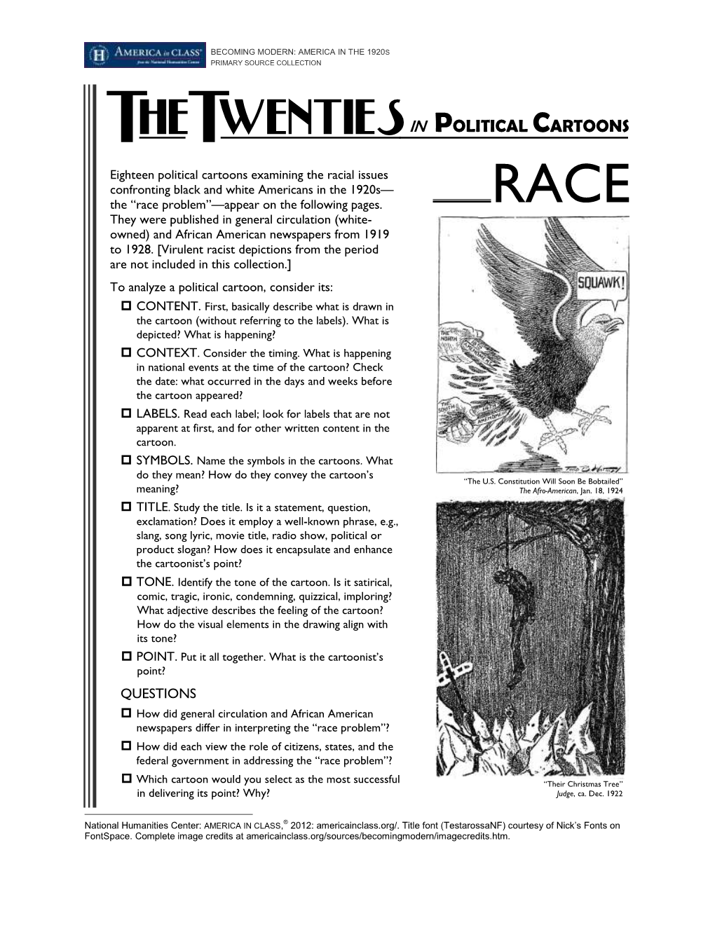 Black & White in America: Political Cartoons on Race in the 1920S