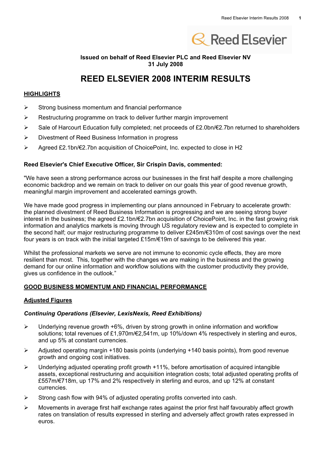 Reed Elsevier 2008 Interim Results