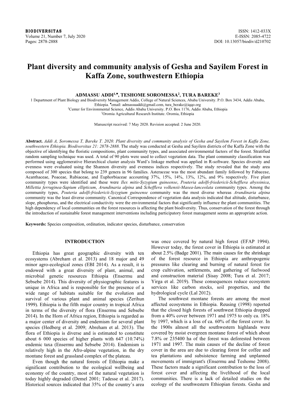Plant Diversity and Community Analysis of Gesha and Sayilem Forest in Kaffa Zone, Southwestern Ethiopia