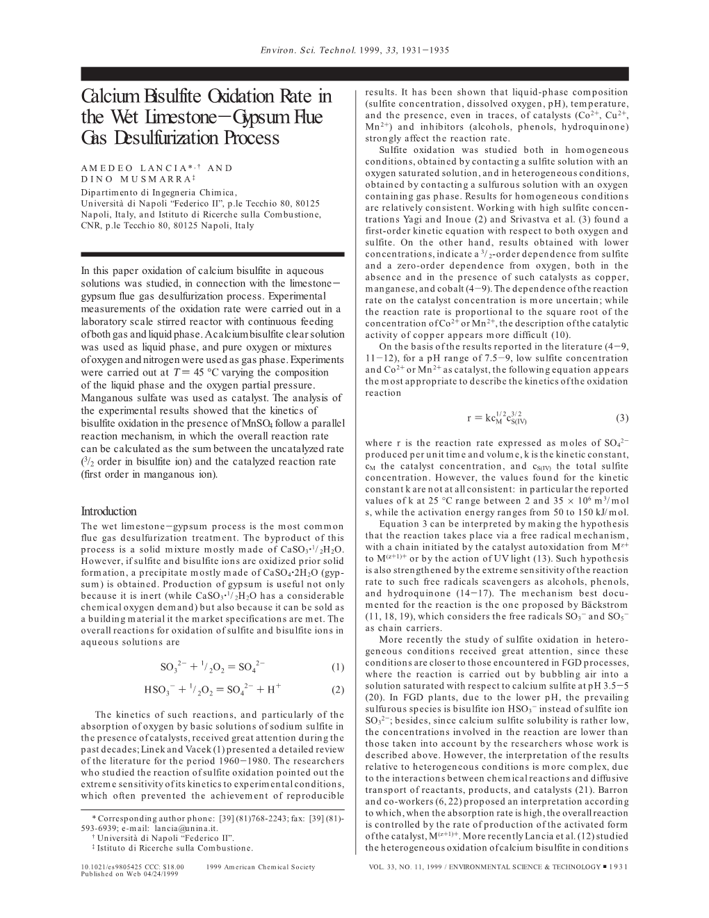 Calcium Bisulfite Oxidation Rate in the Wet Limestone-Gypsum Flue Gas