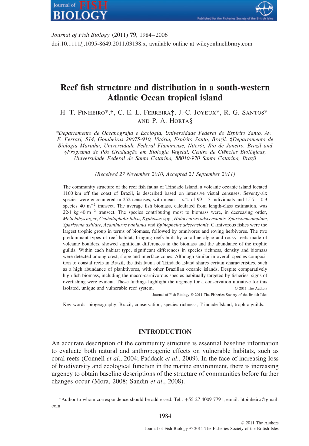 Reef Fish Structure and Distribution in a Southwestern Atlantic Ocean Tropical Island