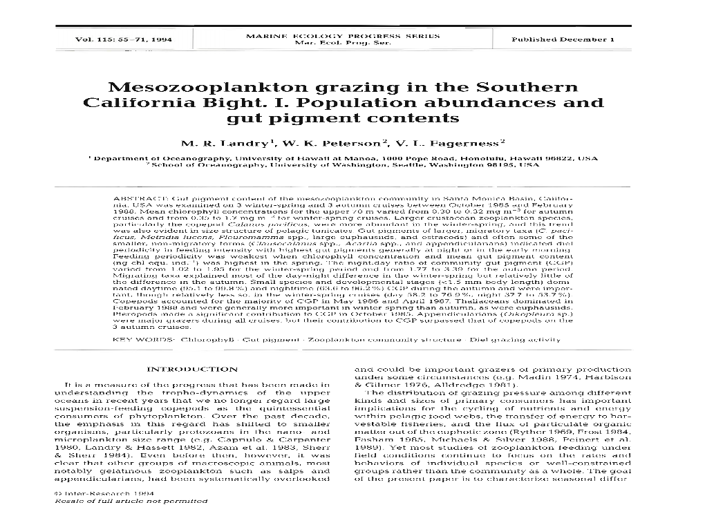 Mesozooplankton Grazing in the Southern California Bight. I