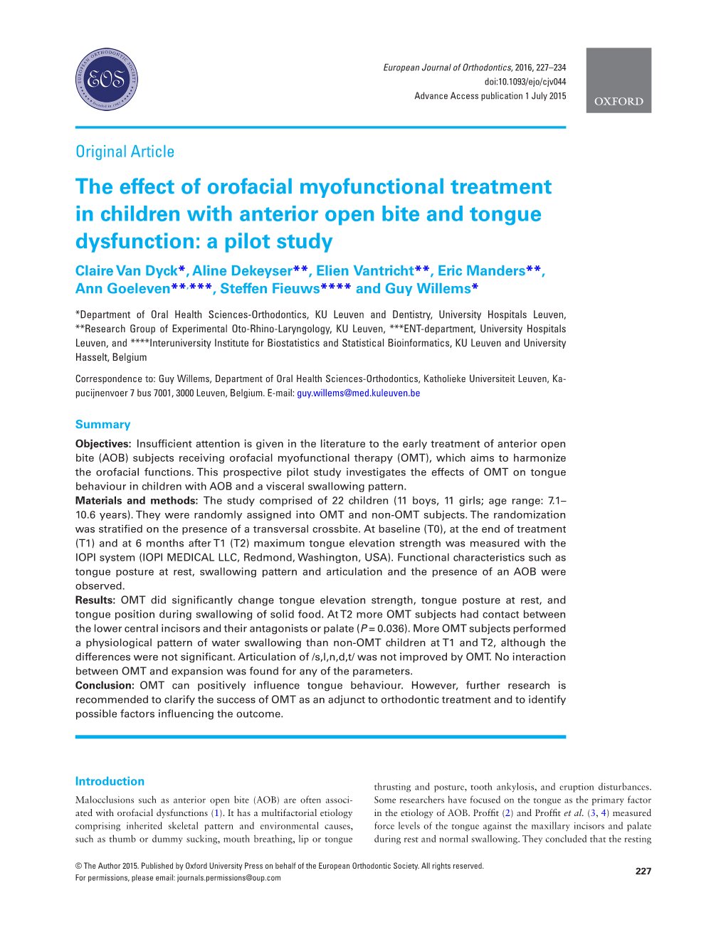 The Effect of Orofacial Myofunctional Treatment in Children with Anterior