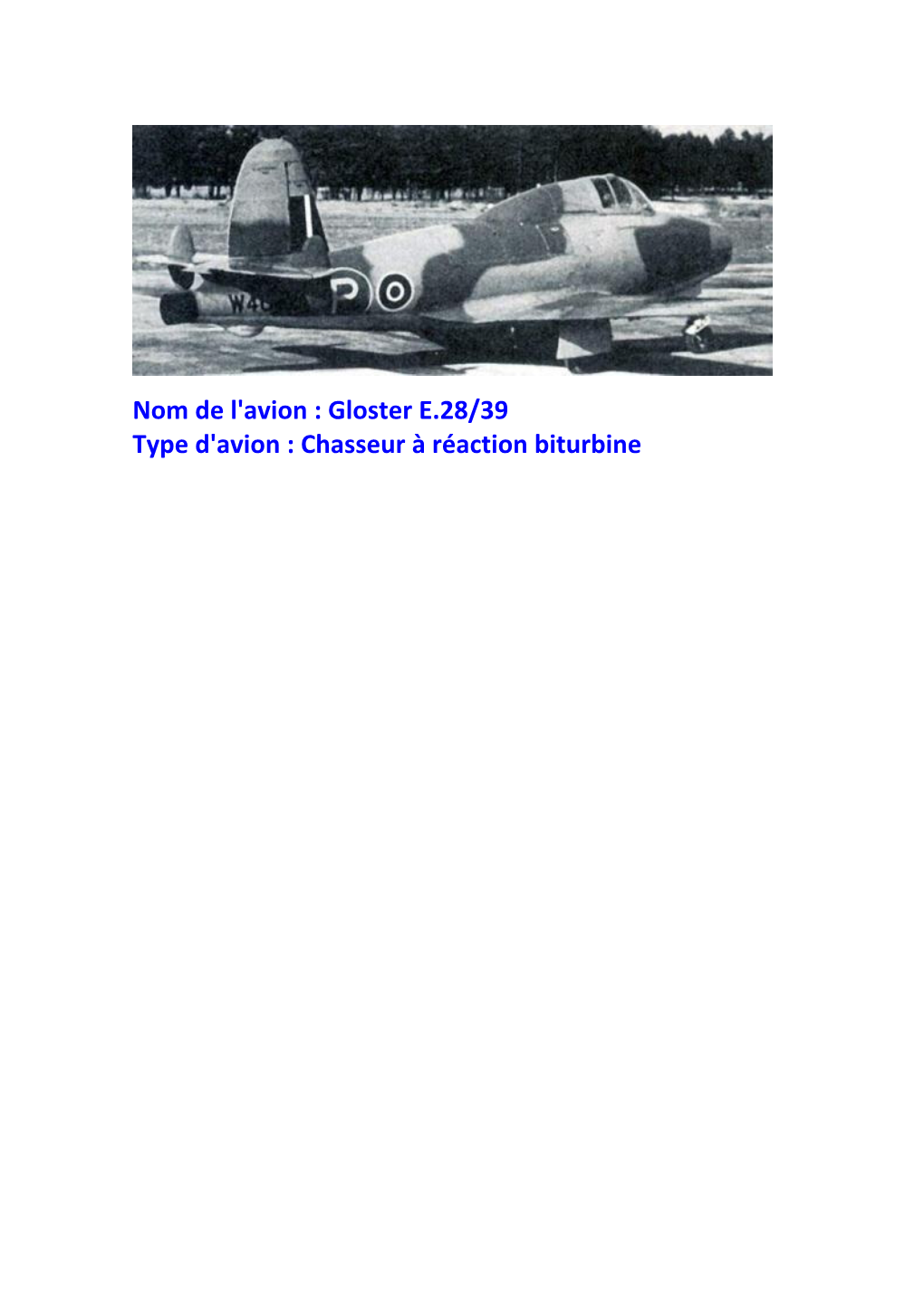 Nom De L'avion : Gloster E.28/39 Type D'avion : Chasseur À Réaction Biturbine MOTORISATION : Rolls-Royce W.2B/23C Westland I