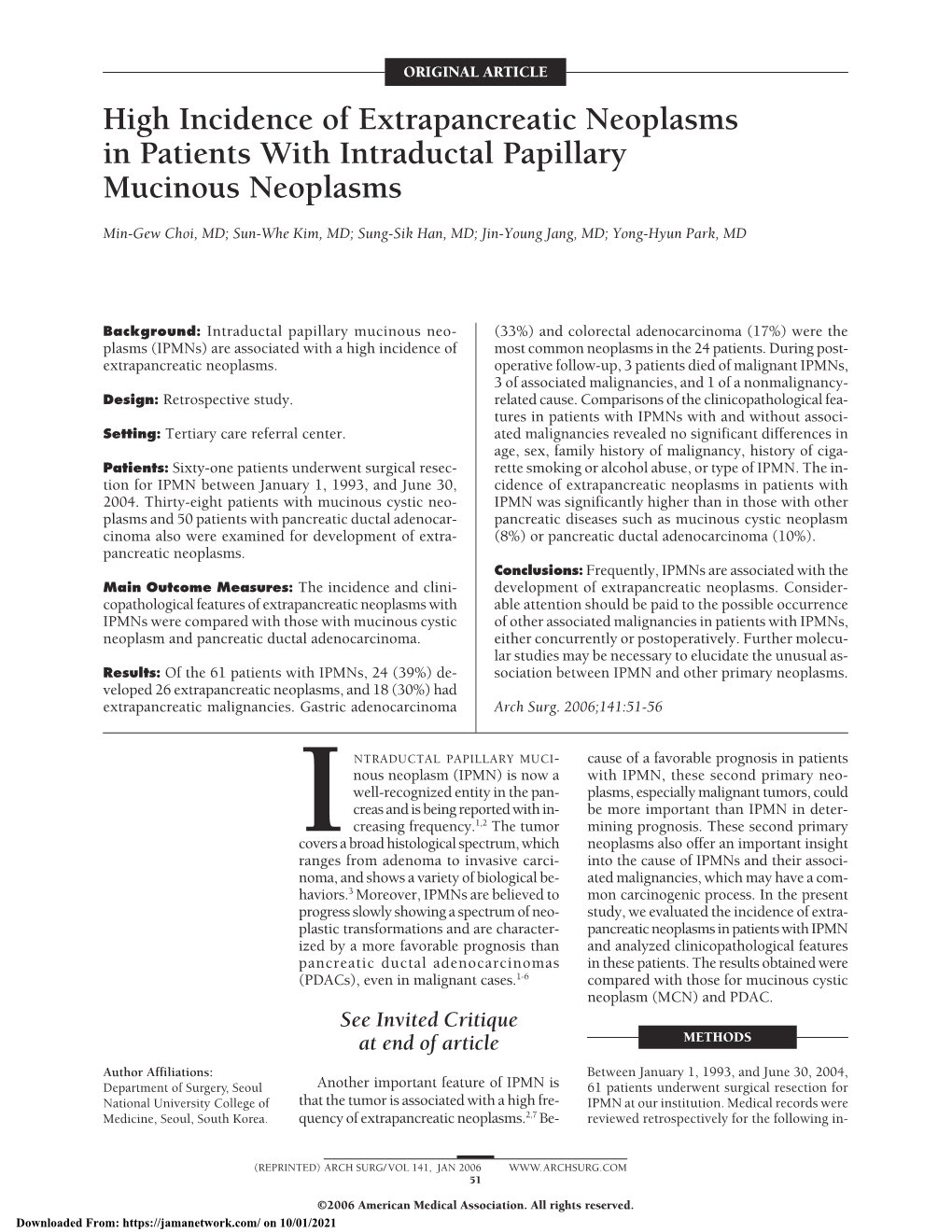 High Incidence of Extrapancreatic Neoplasms in Patients with Intraductal Papillary Mucinous Neoplasms