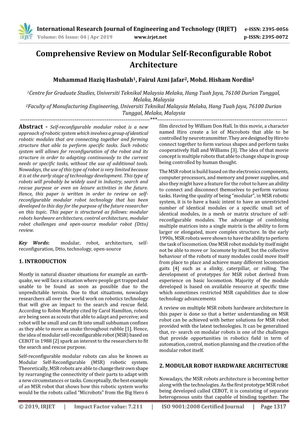 Comprehensive Review on Modular Self-Reconfigurable Robot Architecture