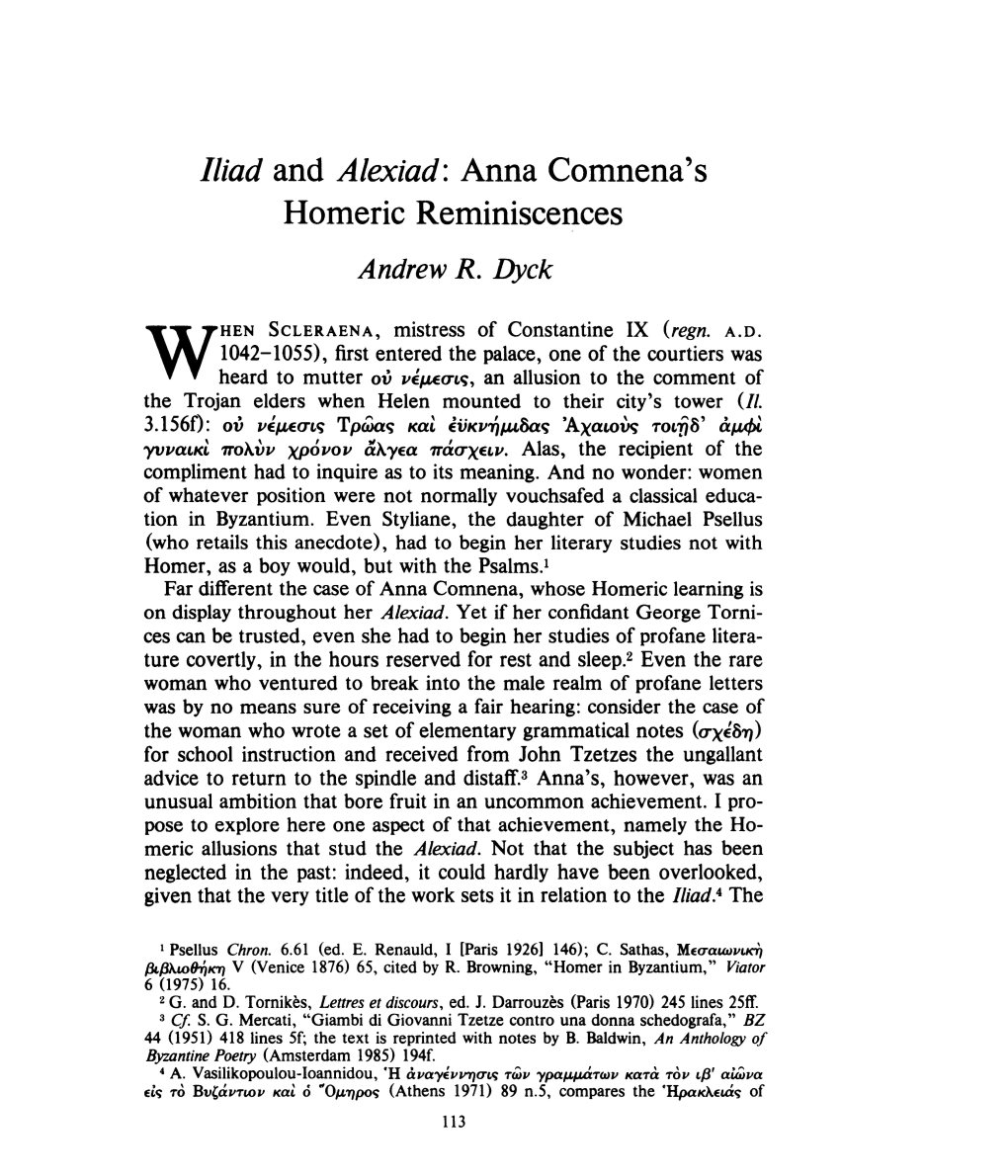 Iliad and Alexiad: Anna Comnena's Homeric Reminiscences Andrew R