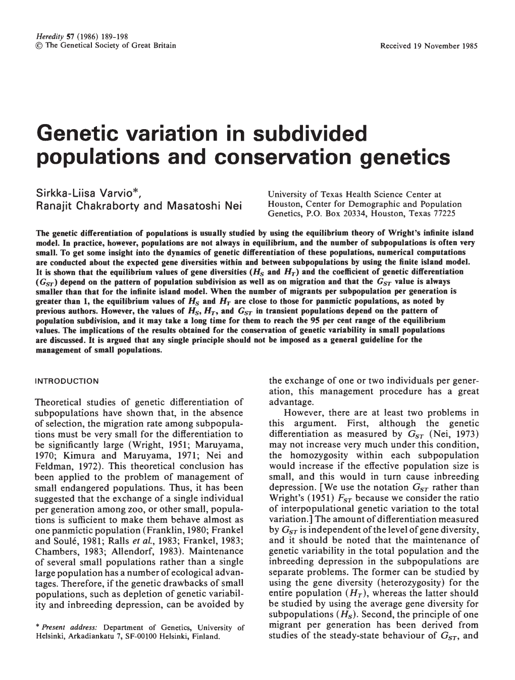 Genetic Variation in Subdivided Populations and Conservation Genetics