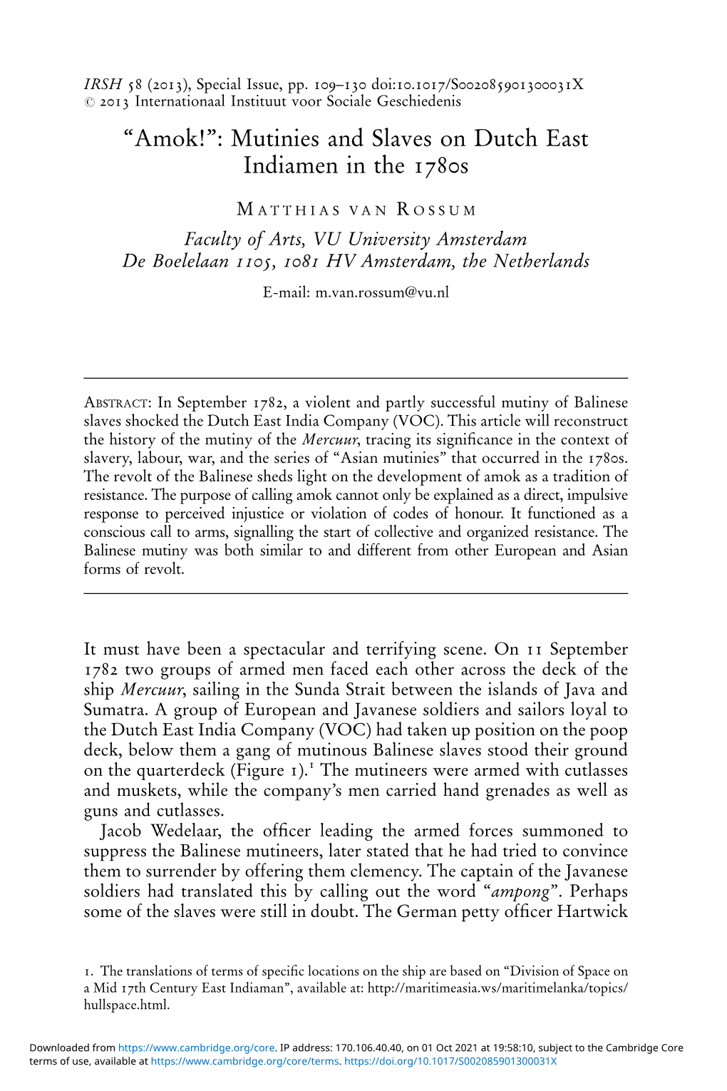 Mutinies and Slaves on Dutch East Indiamen in the 1780S