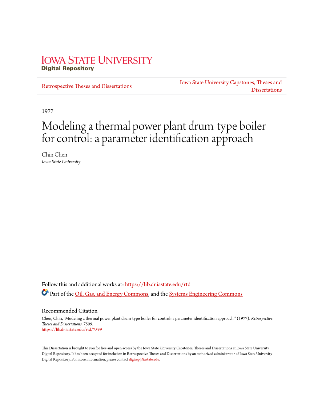 Modeling a Thermal Power Plant Drum-Type Boiler for Control: a Parameter Identification Approach Chin Chen Iowa State University