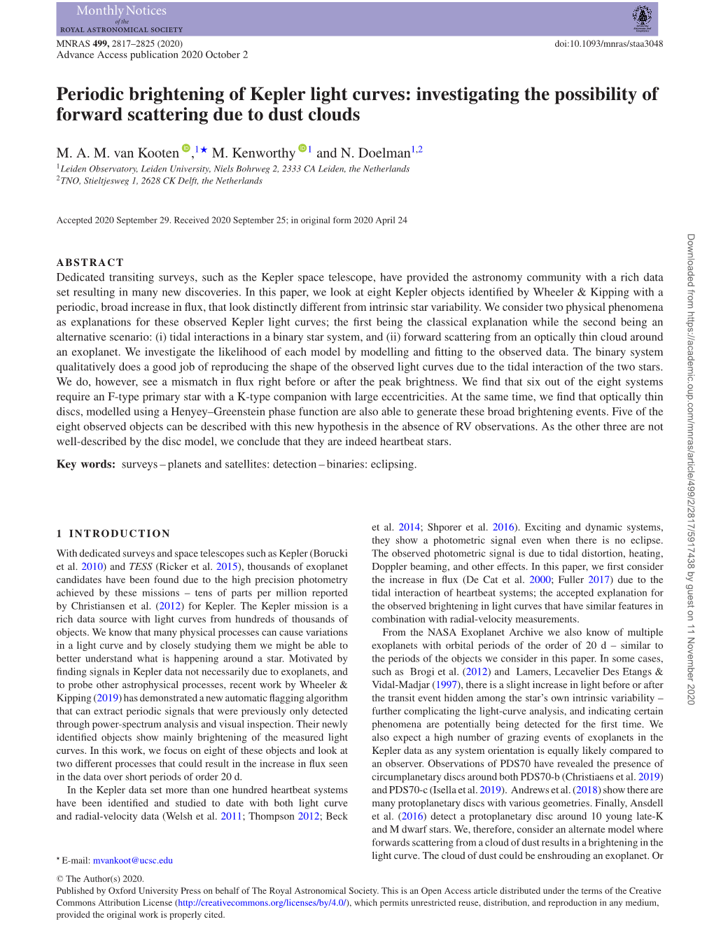 Periodic Brightening of Kepler Light Curves: Investigating the Possibility of Forward Scattering Due to Dust Clouds