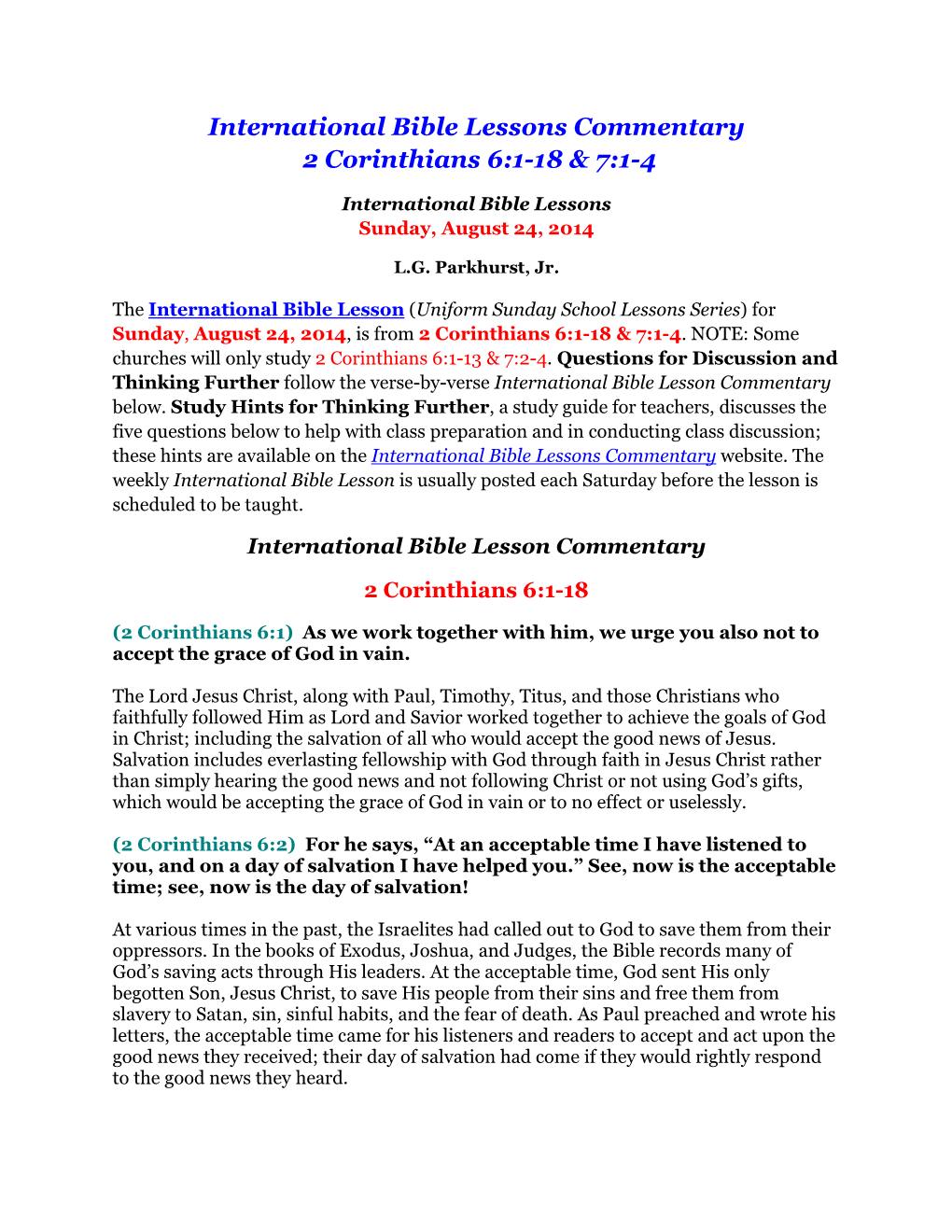 International Bible Lessons Commentary 2 Corinthians 6:1-18 & 7:1-4