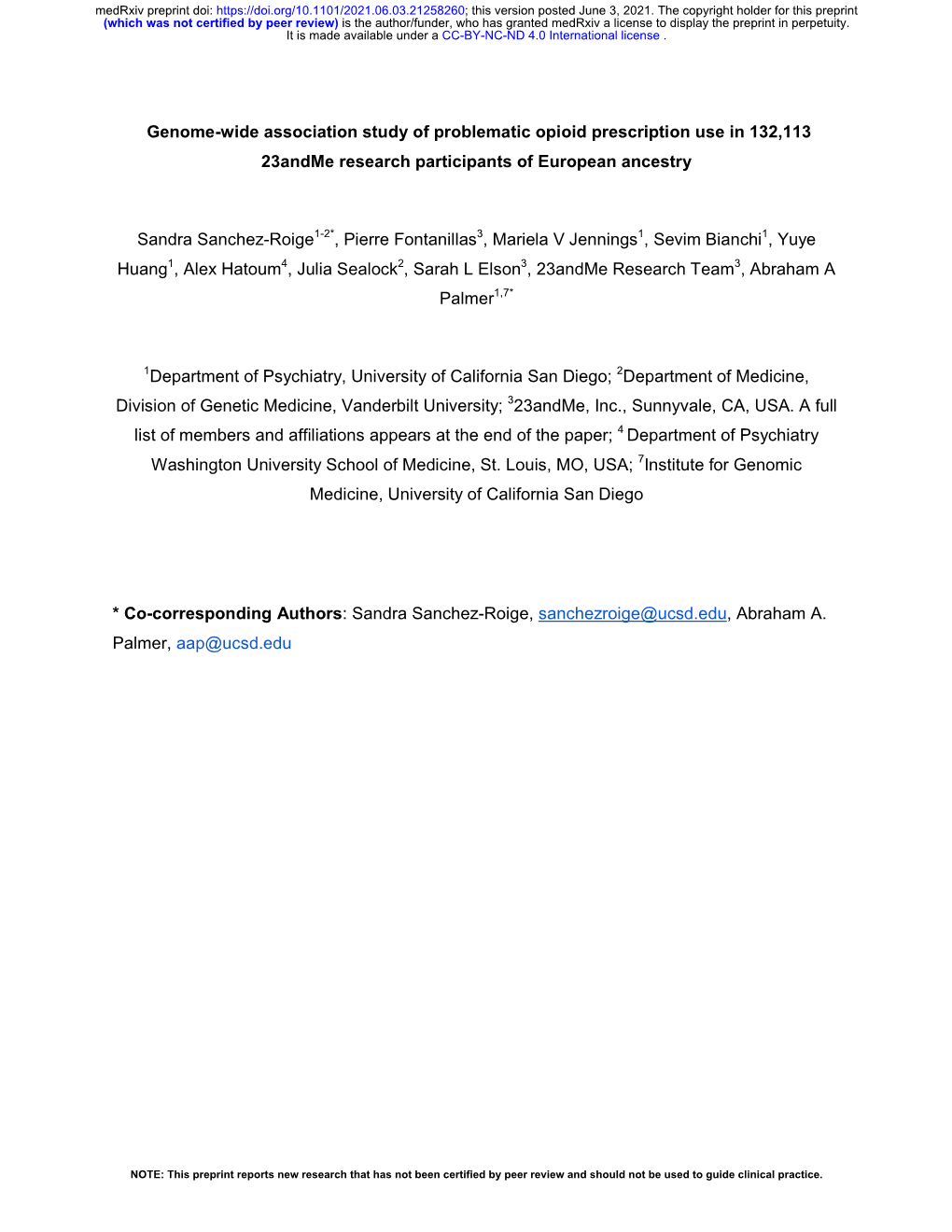 Genome-Wide Association Study of Problematic Opioid Prescription Use in 132,113 23Andme Research Participants of European Ancestry