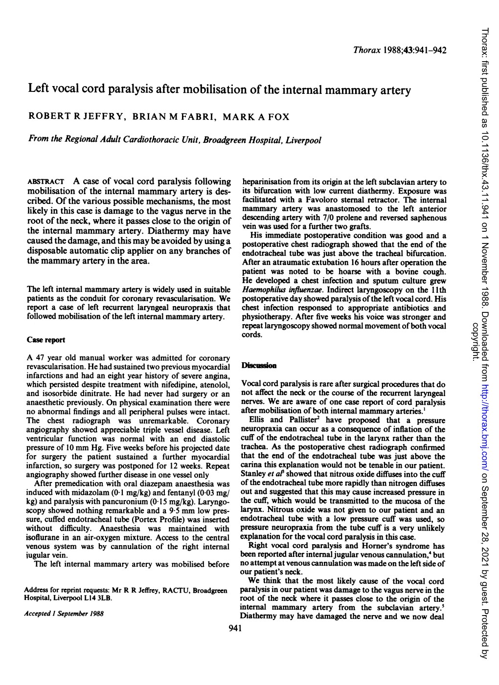 Left Vocal Cord Paralysis After Mobilisation of the Internal Mammary Artery