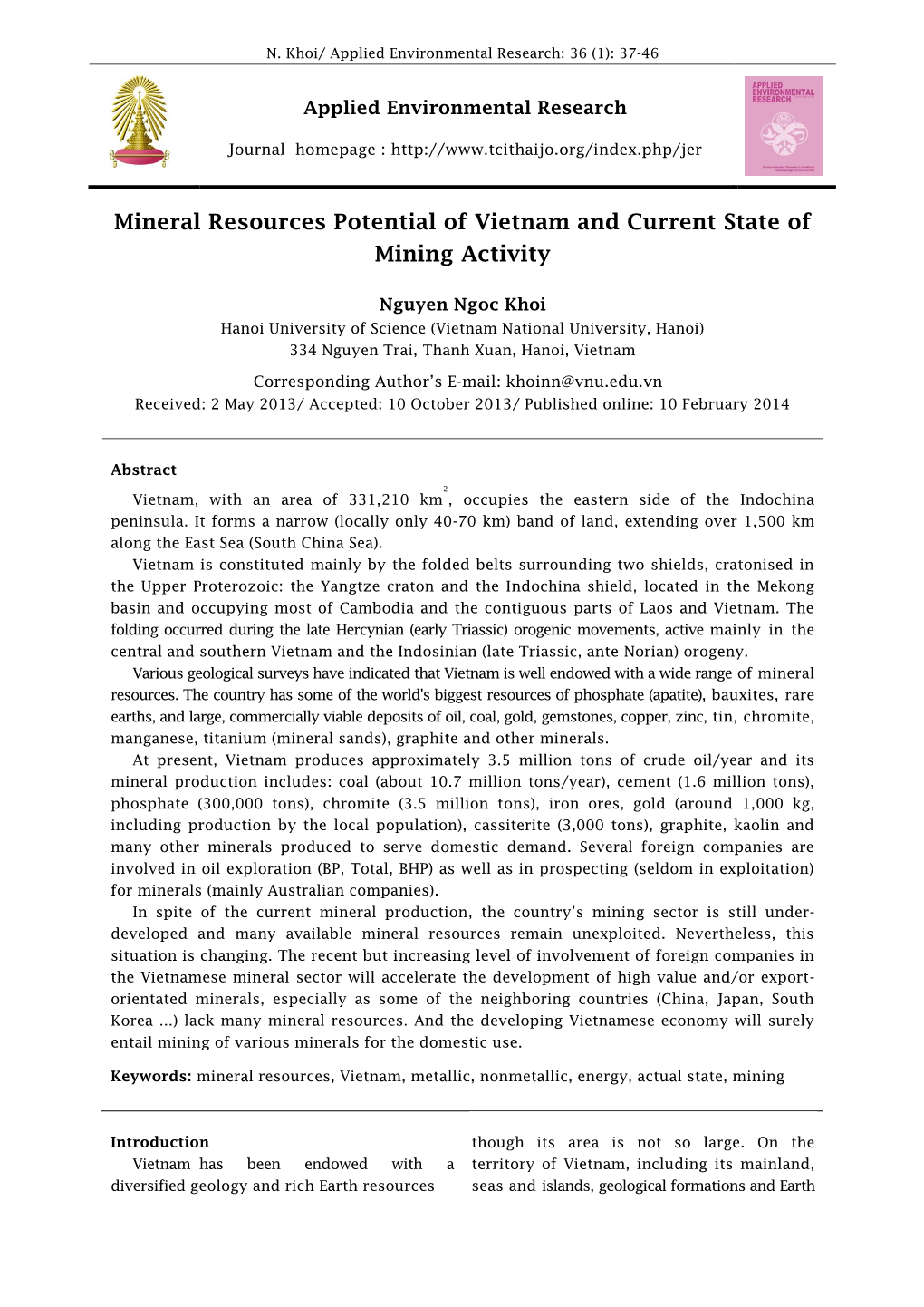 Mineral Resources Potential of Vietnam and Current State of Mining Activity