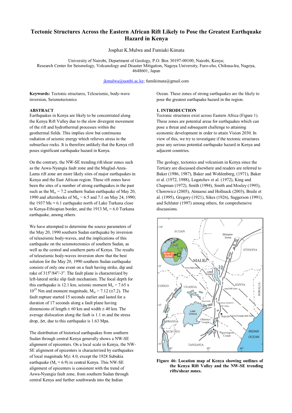 Tectonic Structures Across the Eastern African Rift Likely to Pose the Greatest Earthquake Hazard in Kenya