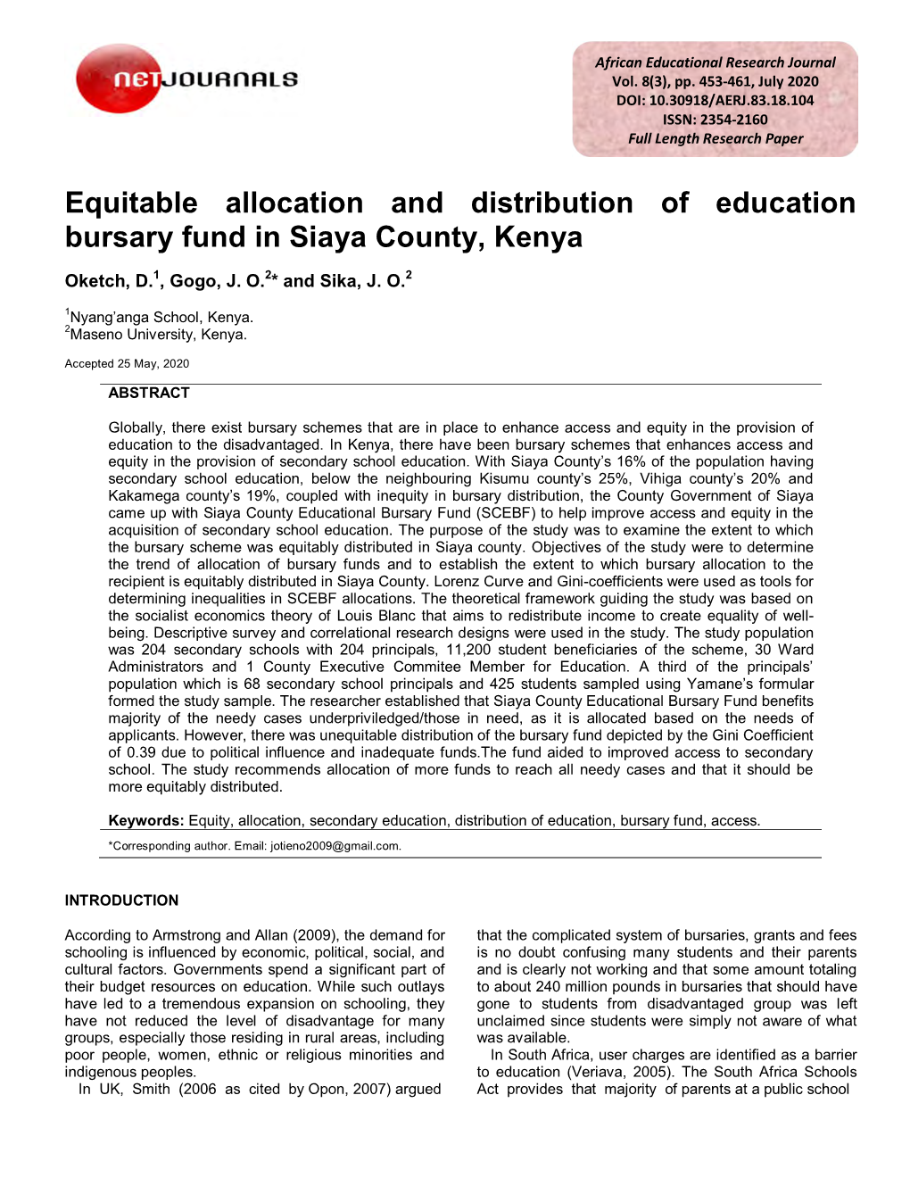 Equitable Allocation and Distribution of Education Bursary Fund in Siaya County, Kenya