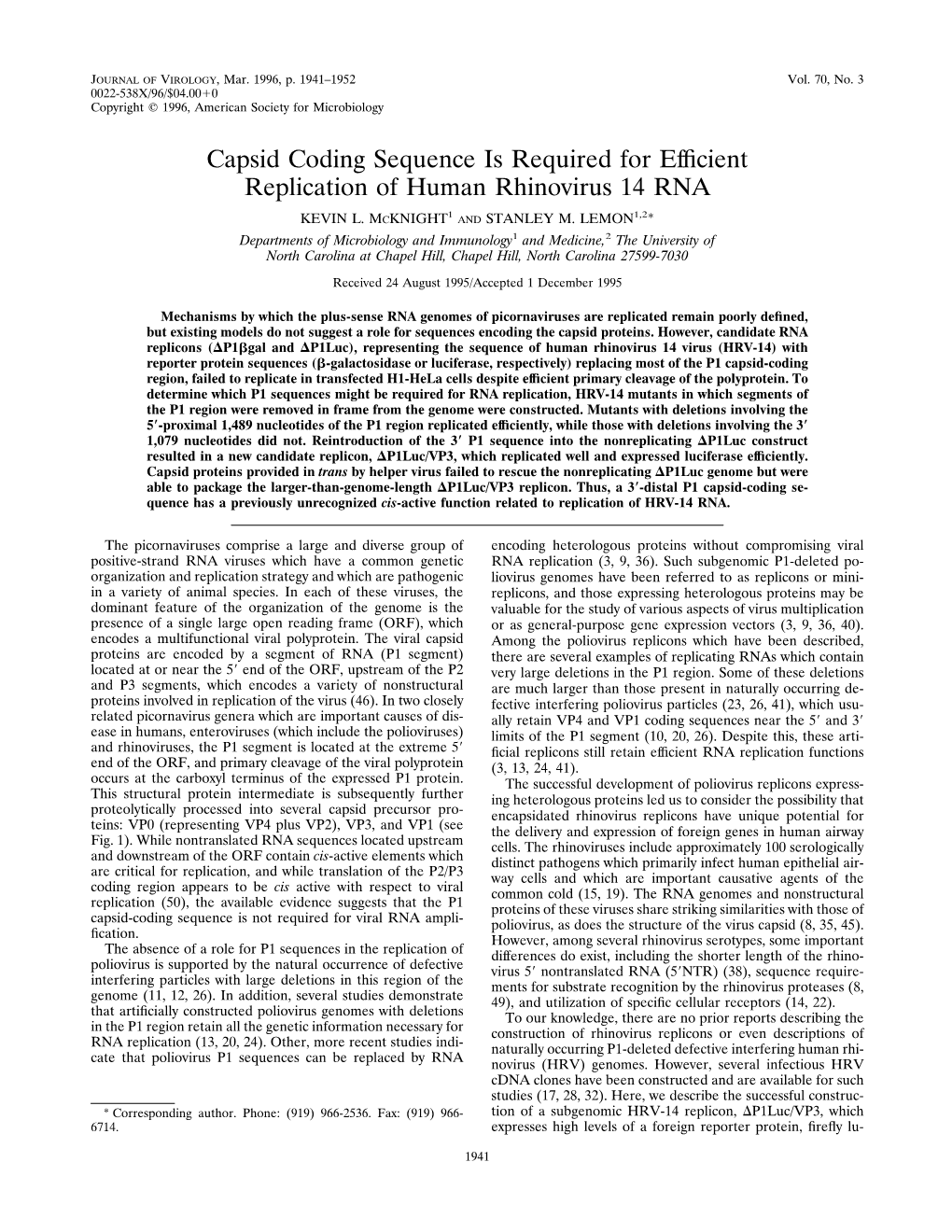 Capsid Coding Sequence Is Required for Efficient Replication of Human