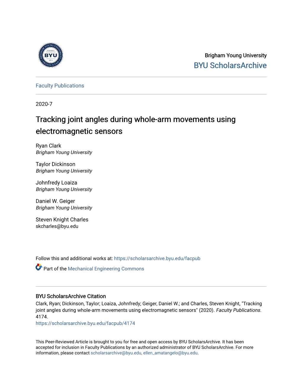 Tracking Joint Angles During Whole-Arm Movements Using Electromagnetic Sensors