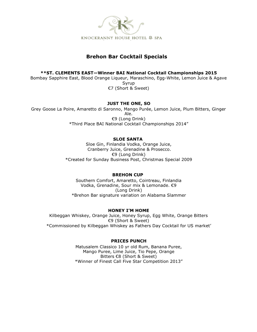 Brehon Bar Cocktail Specials