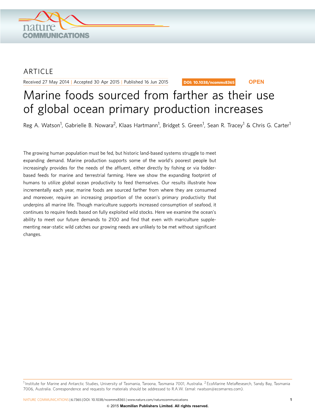 Marine Foods Sourced from Farther As Their Use of Global Ocean Primary Production Increases