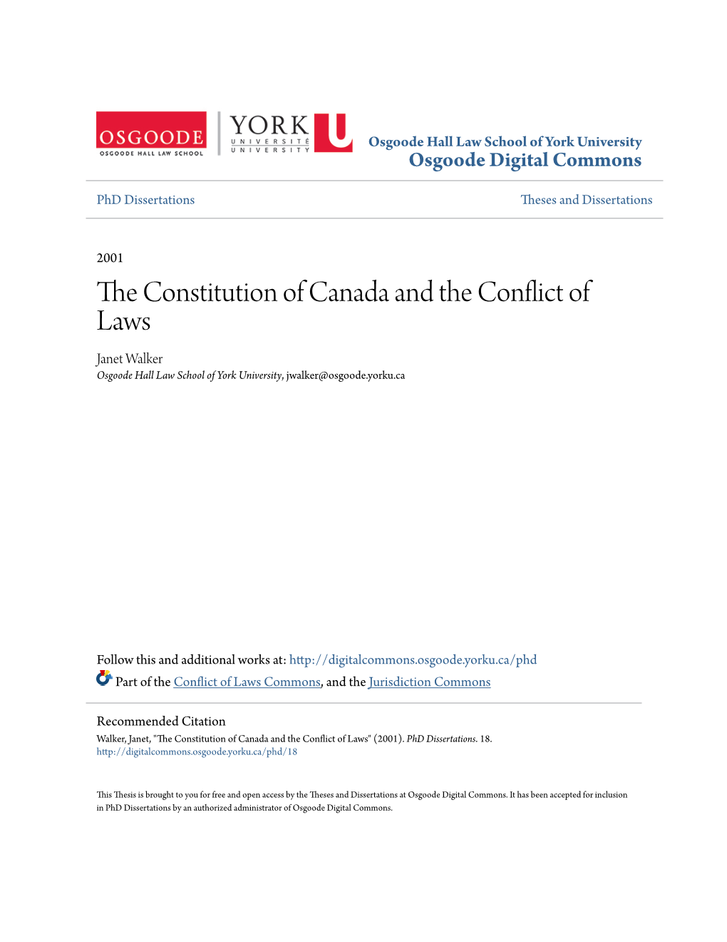 The Constitution of Canada and the Conflict of Laws