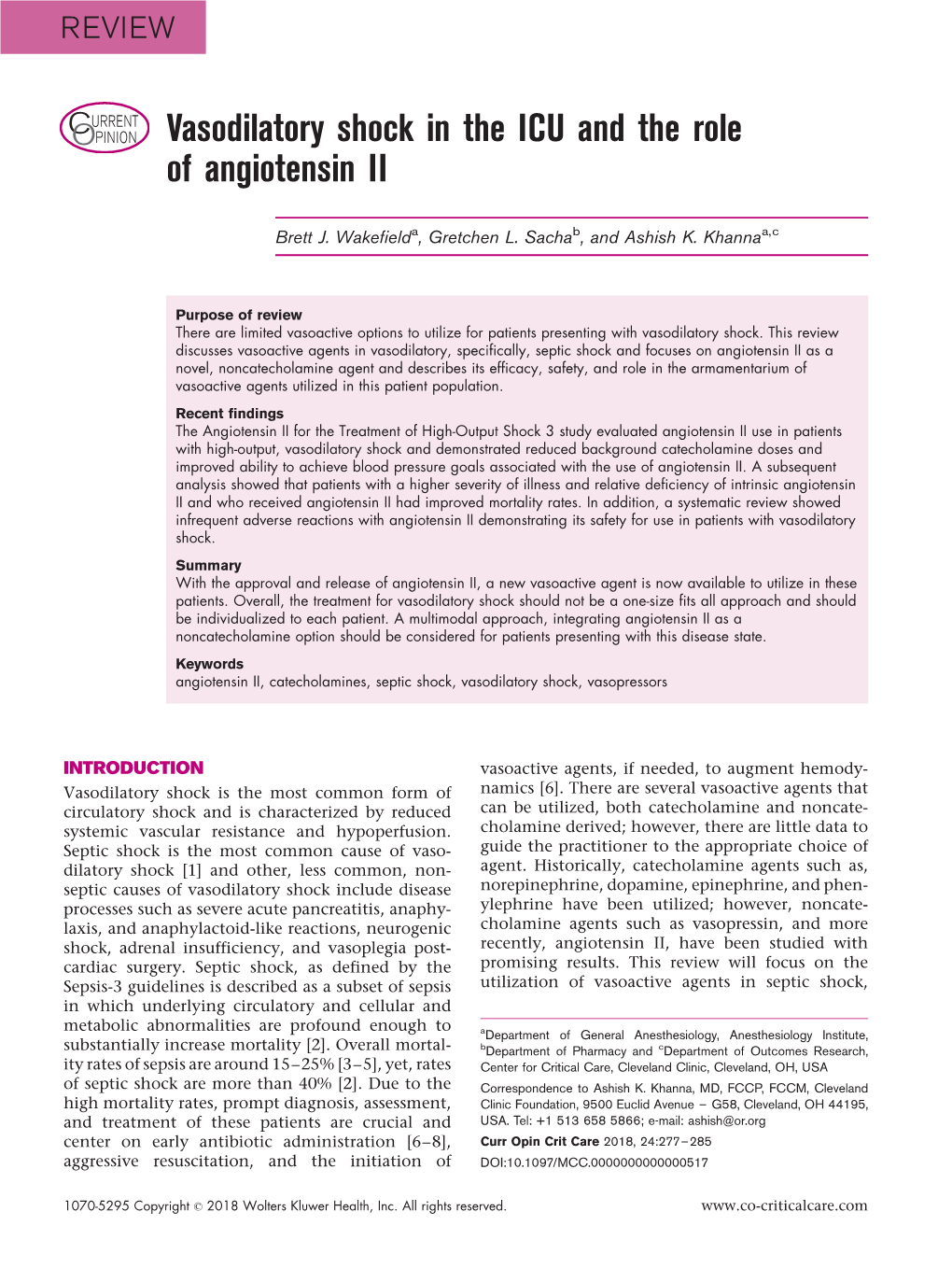 Vasodilatory Shock in the ICU and the Role of Angiotensin II