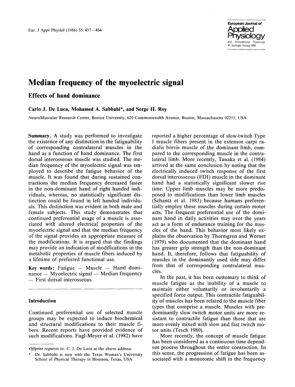 Median Frequency of the Myoelectric Signal