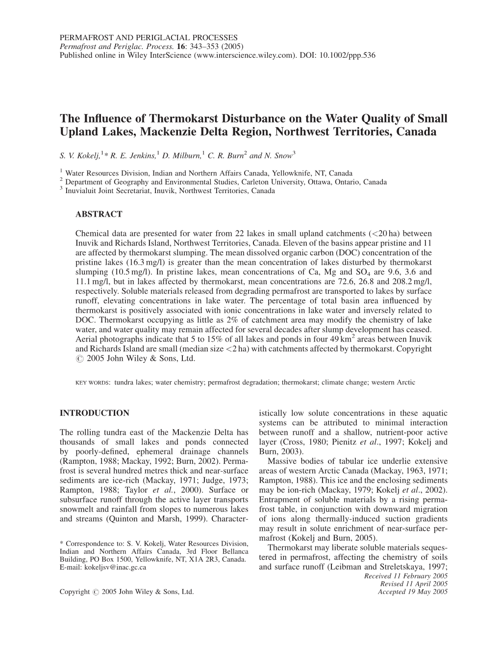 The Influence of Thermokarst Disturbance on the Water Quality Of