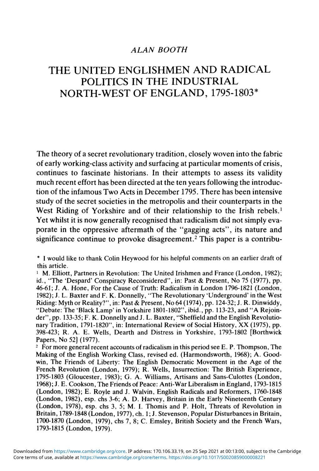 The United Englishmen and Radical Politics in the Industrial North-West of England, 1795-1803*