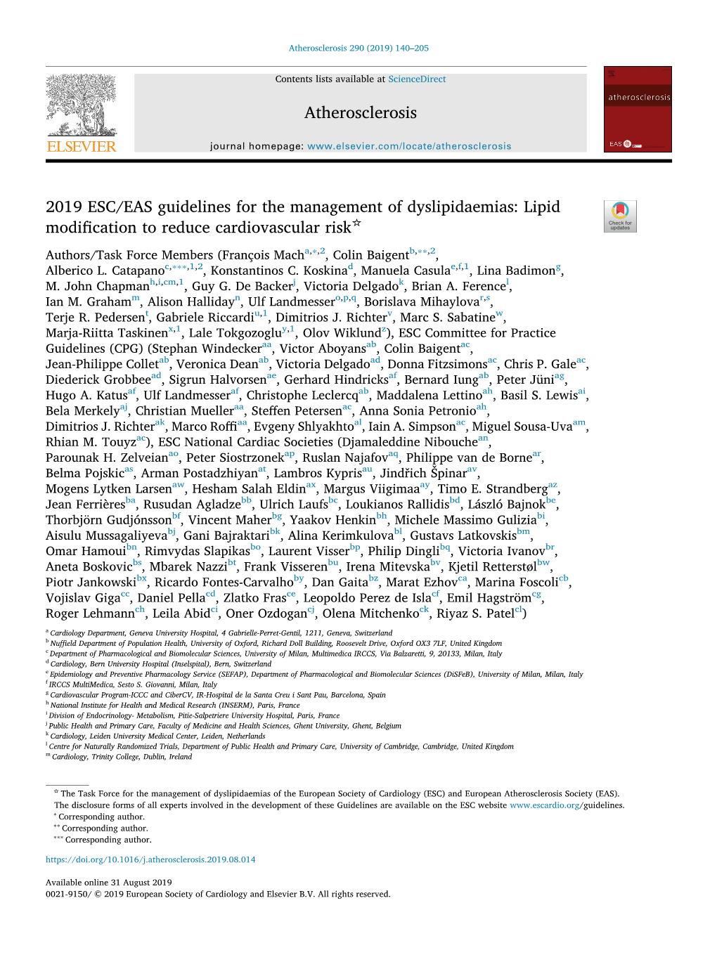 2019 ESC/EAS Guidelines for the Management of Dyslipidaemias