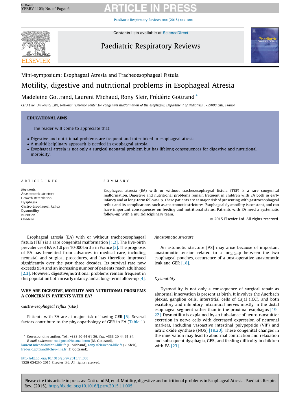 Motility, Digestive and Nutritional Problems in Esophageal Atresia