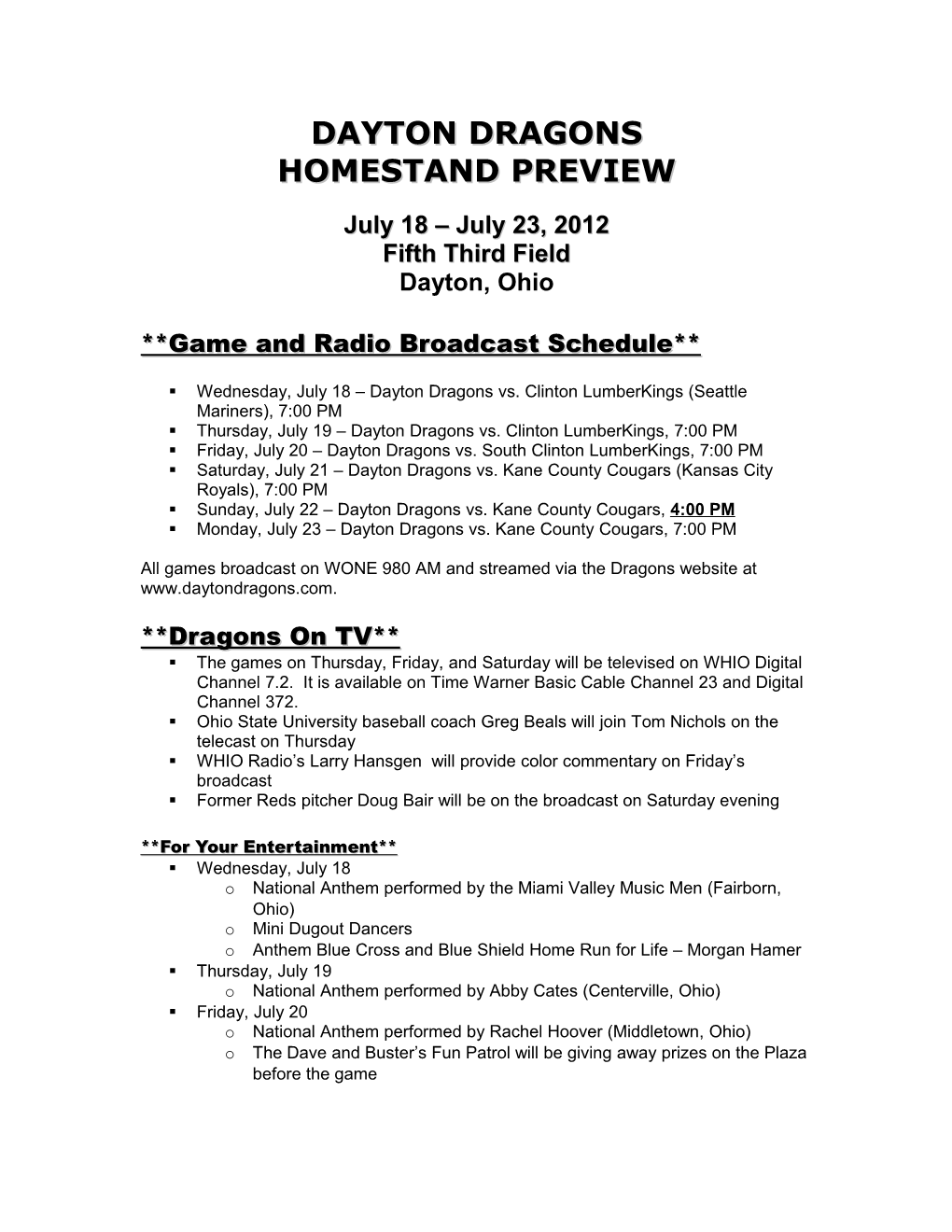 Game and Radio Broadcast Schedule