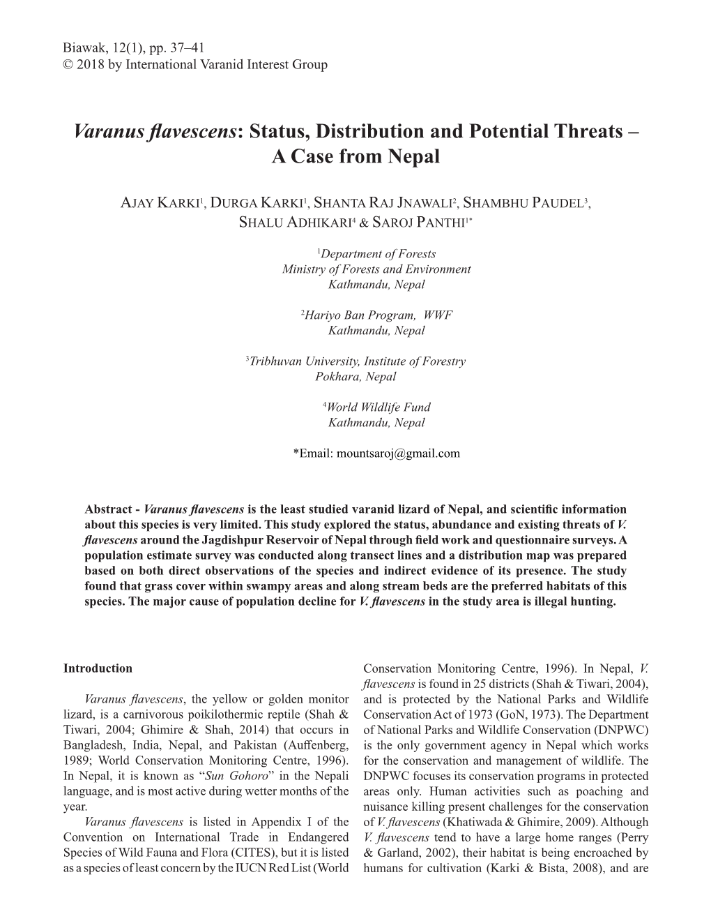 Varanus Flavescens: Status, Distribution and Potential Threats – a Case from Nepal