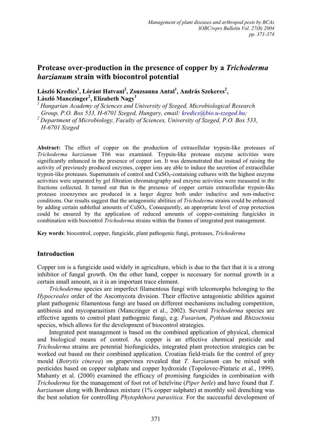 Protease Over-Production in the Presence of Copper by a Trichoderma Harzianum Strain with Biocontrol Potential