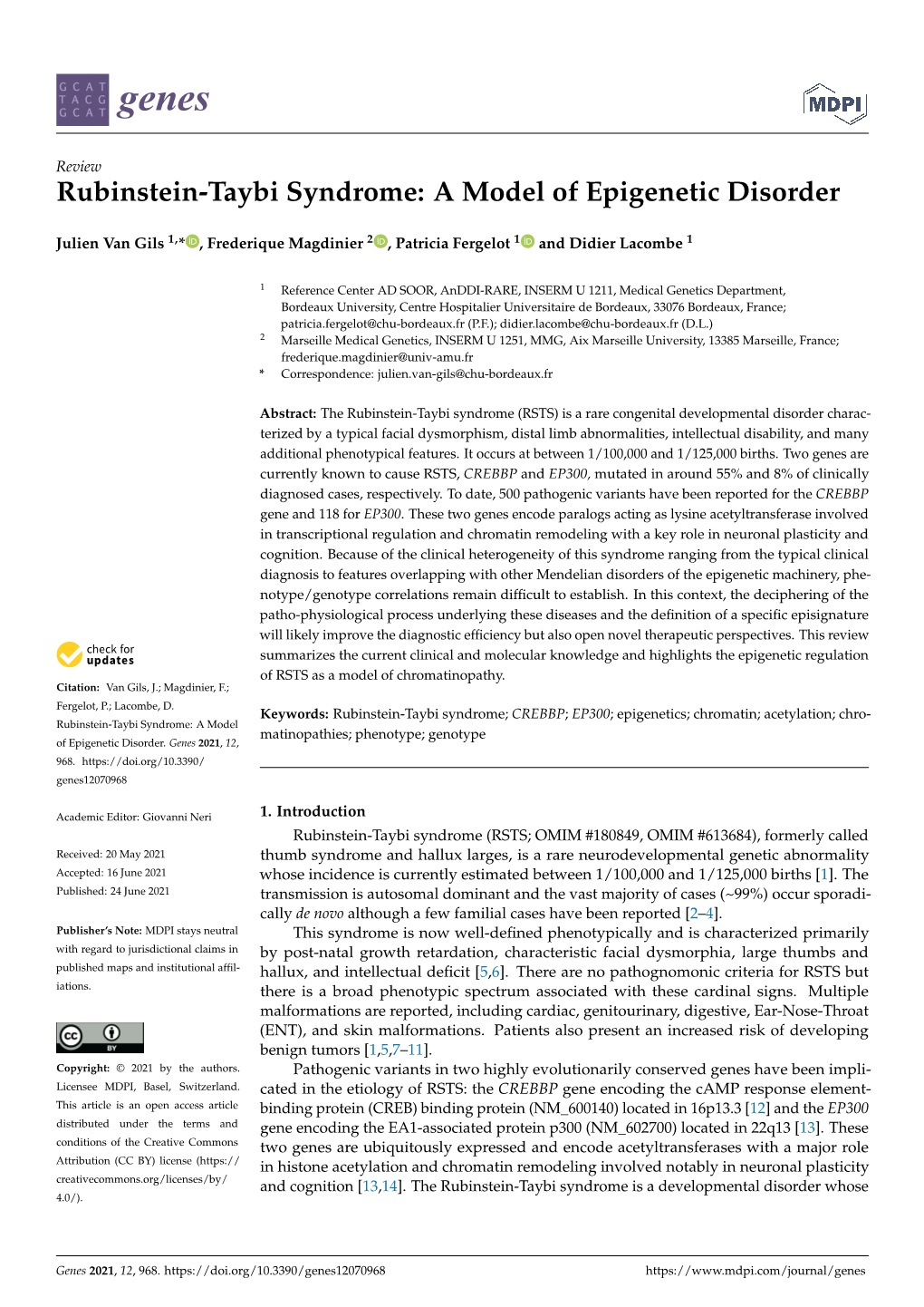 Rubinstein-Taybi Syndrome: a Model of Epigenetic Disorder