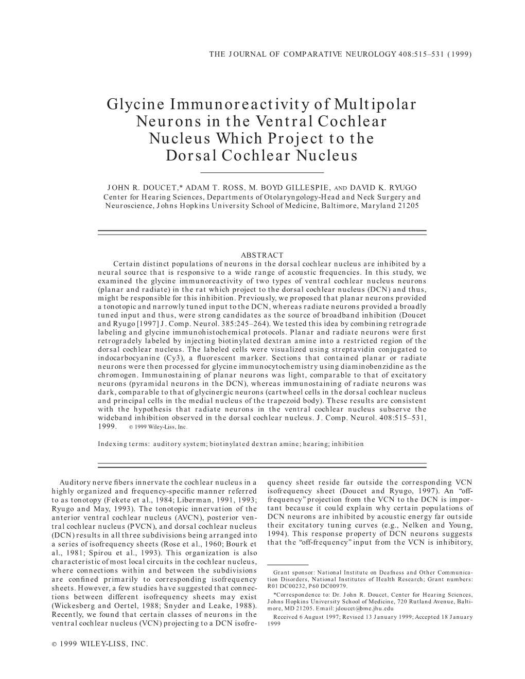 Glycine Immunoreactivity of Multipolar Neurons in the Ventral Cochlear Nucleus Which Project to the Dorsal Cochlear Nucleus