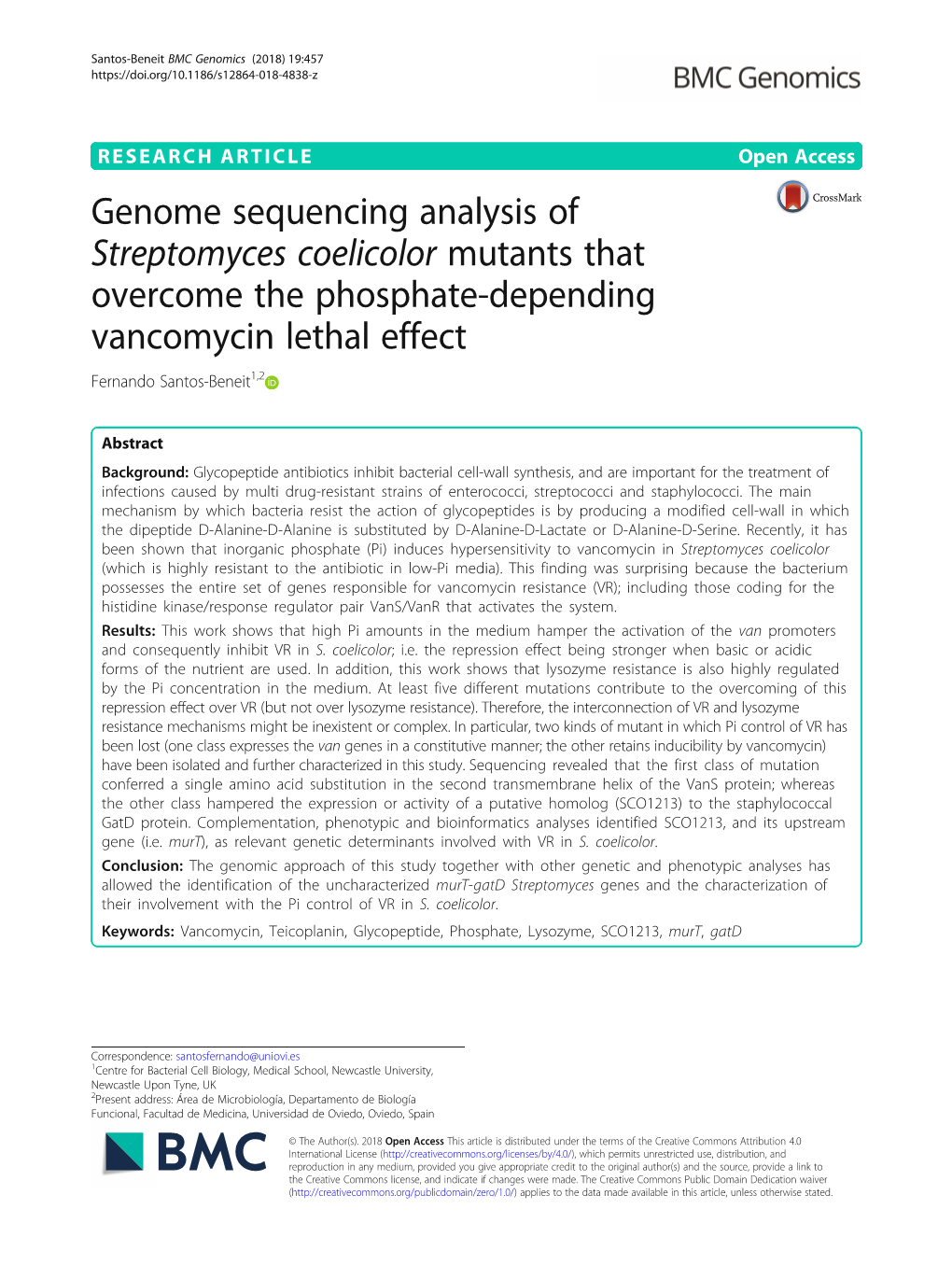 Genome Sequencing Analysis of Streptomyces Coelicolor Mutants That Overcome the Phosphate-Depending Vancomycin Lethal Effect Fernando Santos-Beneit1,2