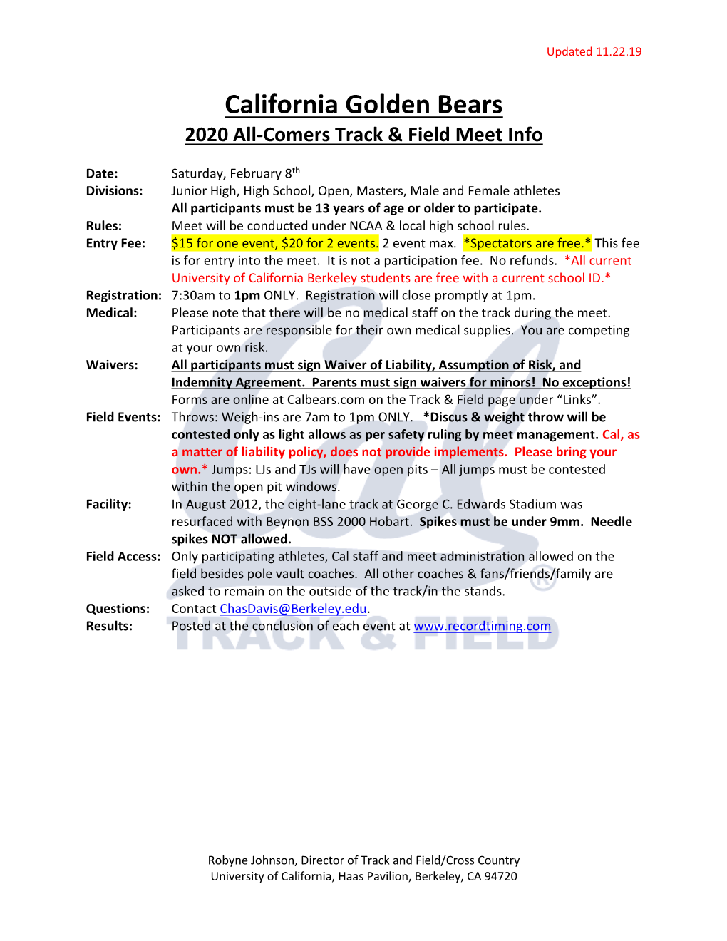 California Golden Bears 2020 All-Comers Track & Field Meet Info