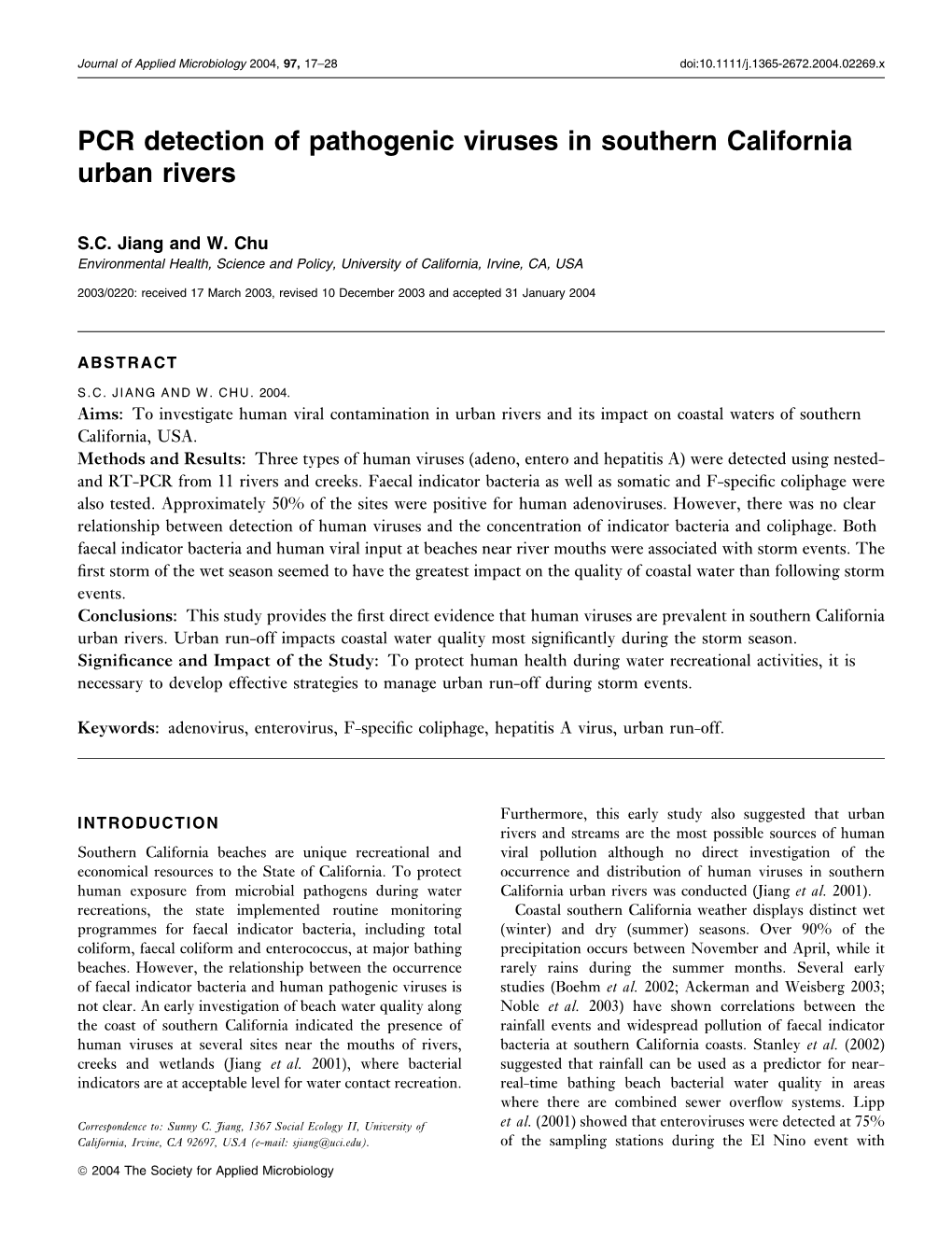 PCR Detection of Pathogenic Viruses in Southern California Urban Rivers