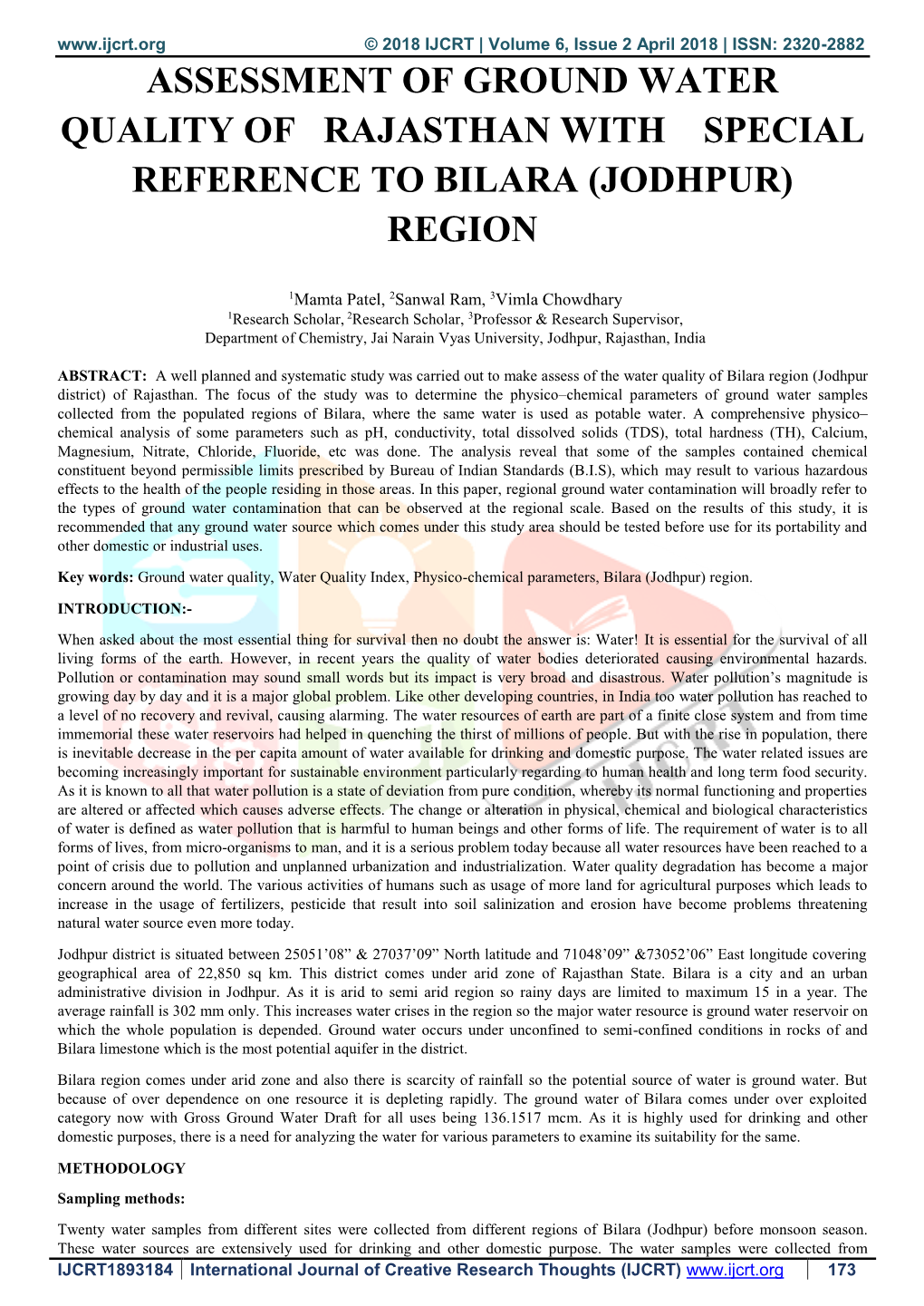 Assessment of Ground Water Quality of Rajasthan with Special Reference to Bilara (Jodhpur) Region