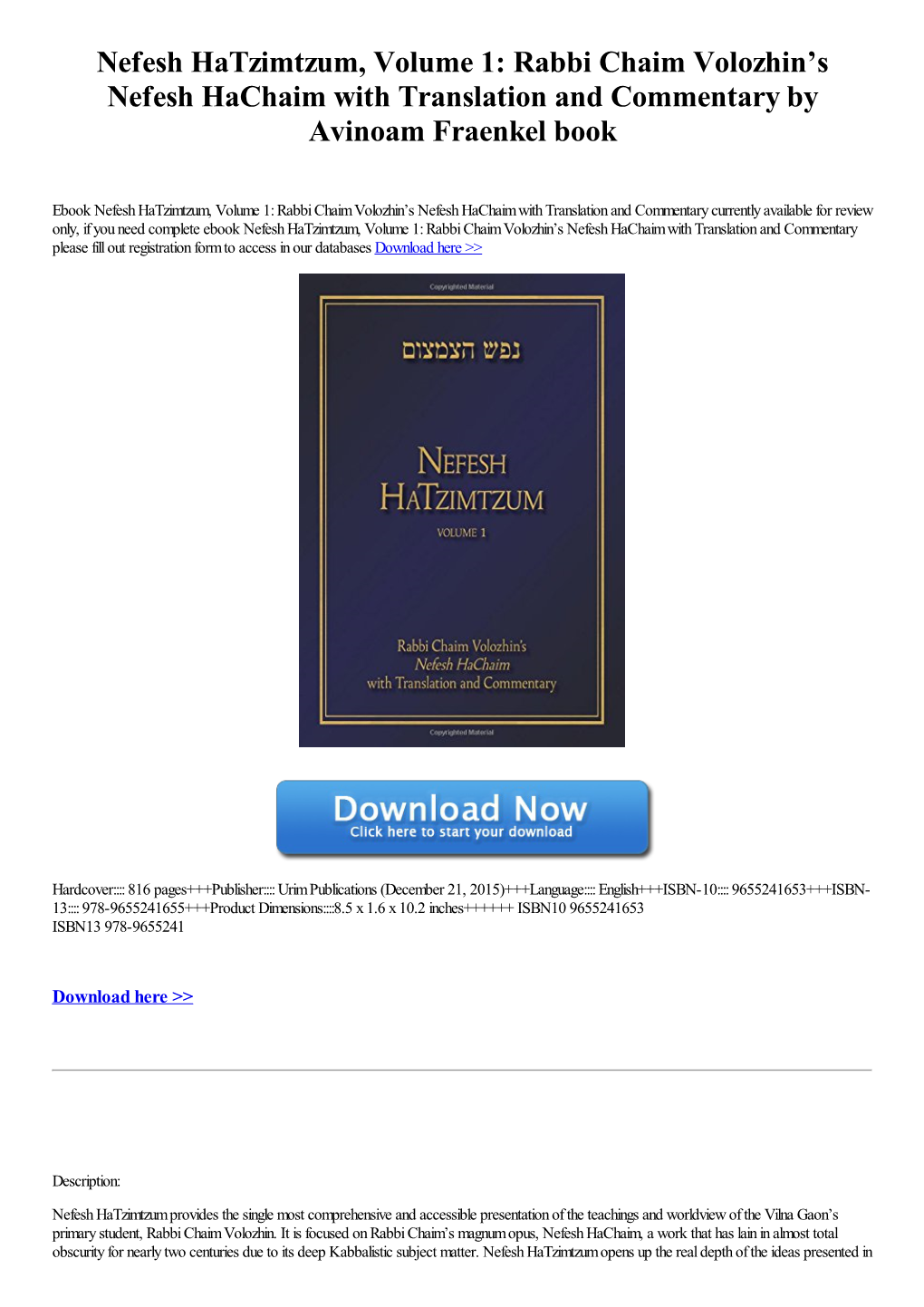 Rabbi Chaim Volozhin's Nefesh Hachaim with Translation And