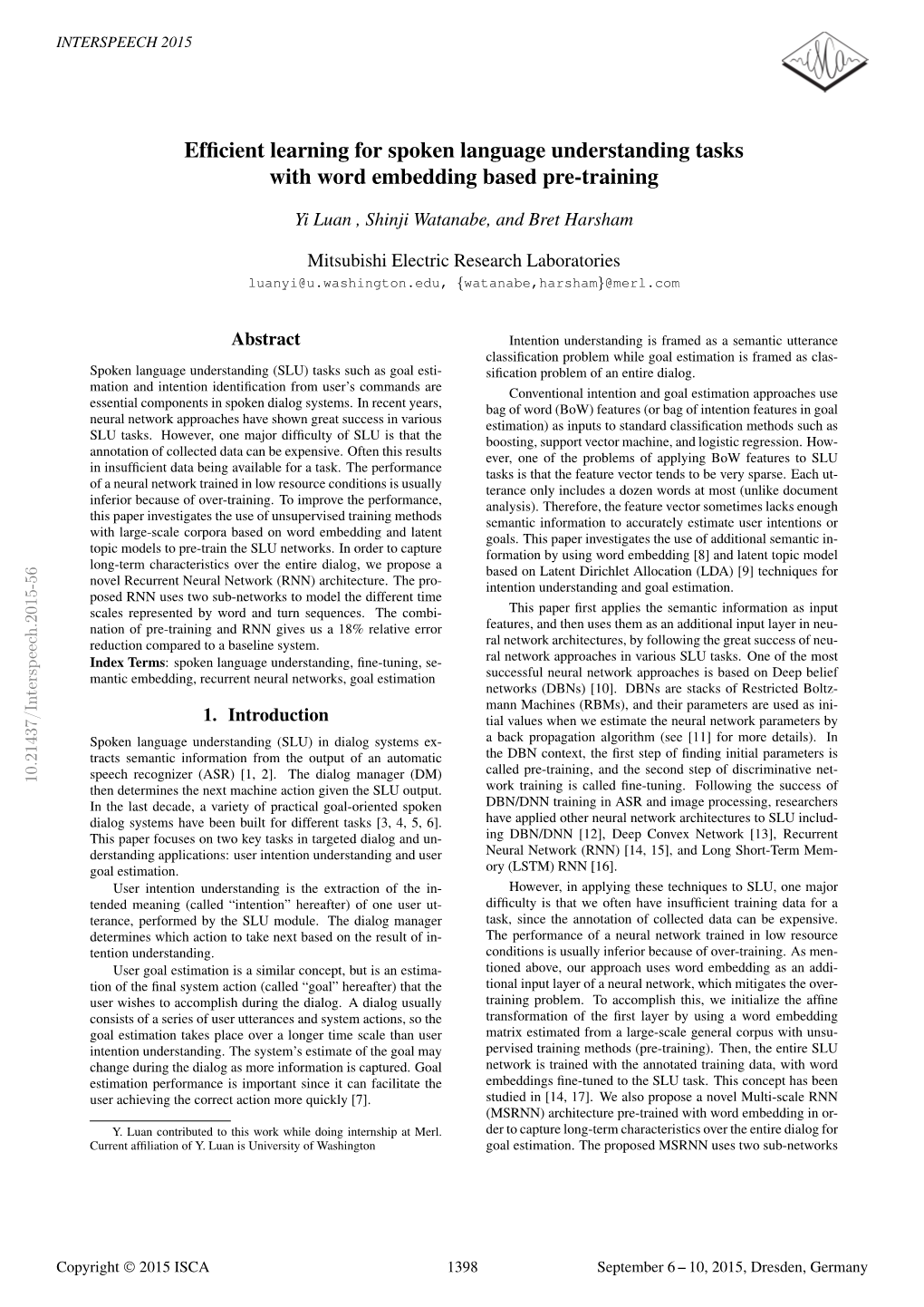 Efficient Learning for Spoken Language Understanding Tasks with Word Embedding Based Pre-Training